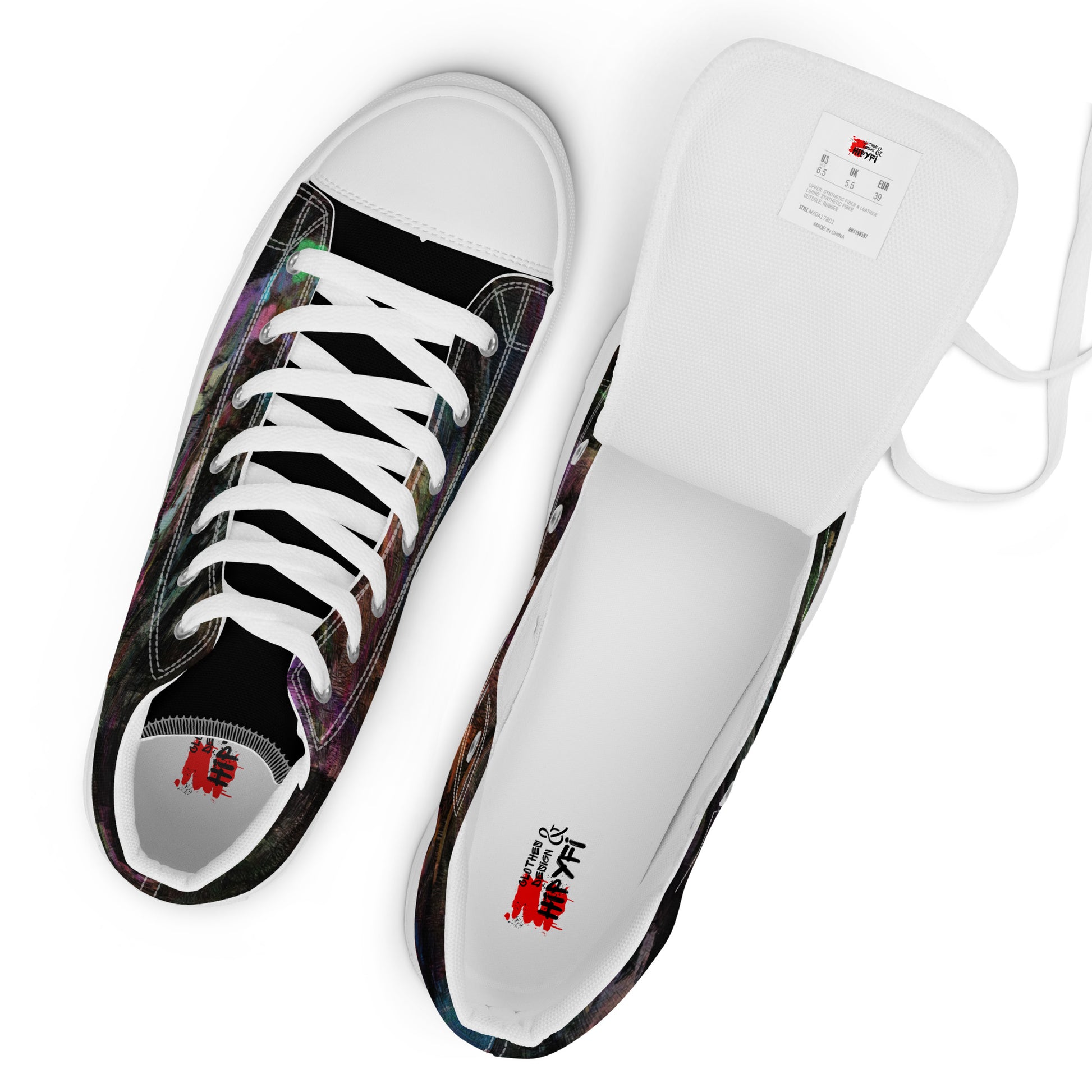 Chromatic Dreams Women’s abstract art high top sneakers – vibrant multicolor, faux leather toe cap, and streetwear style | Hipyfi. white-branding-4
