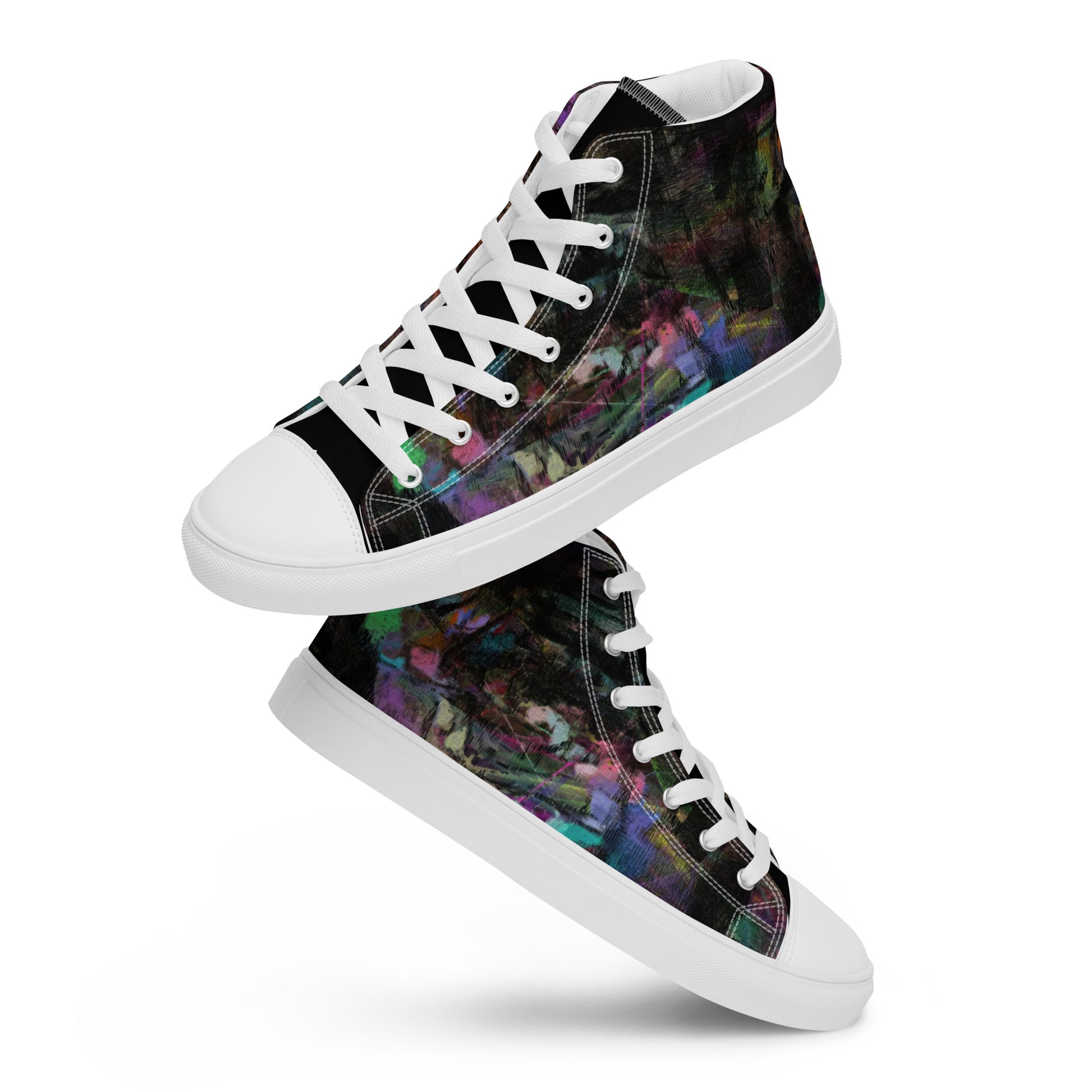 Chromatic Dreams Women’s abstract art high top sneakers – vibrant multicolor, faux leather toe cap, and streetwear style | Hipyfi. white-front-4