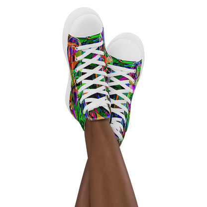 Neon Mythos women's high top canvas sneakers with abstract street art design in vibrant neon colors by Hipyfi Clothes & Design. white-front-2