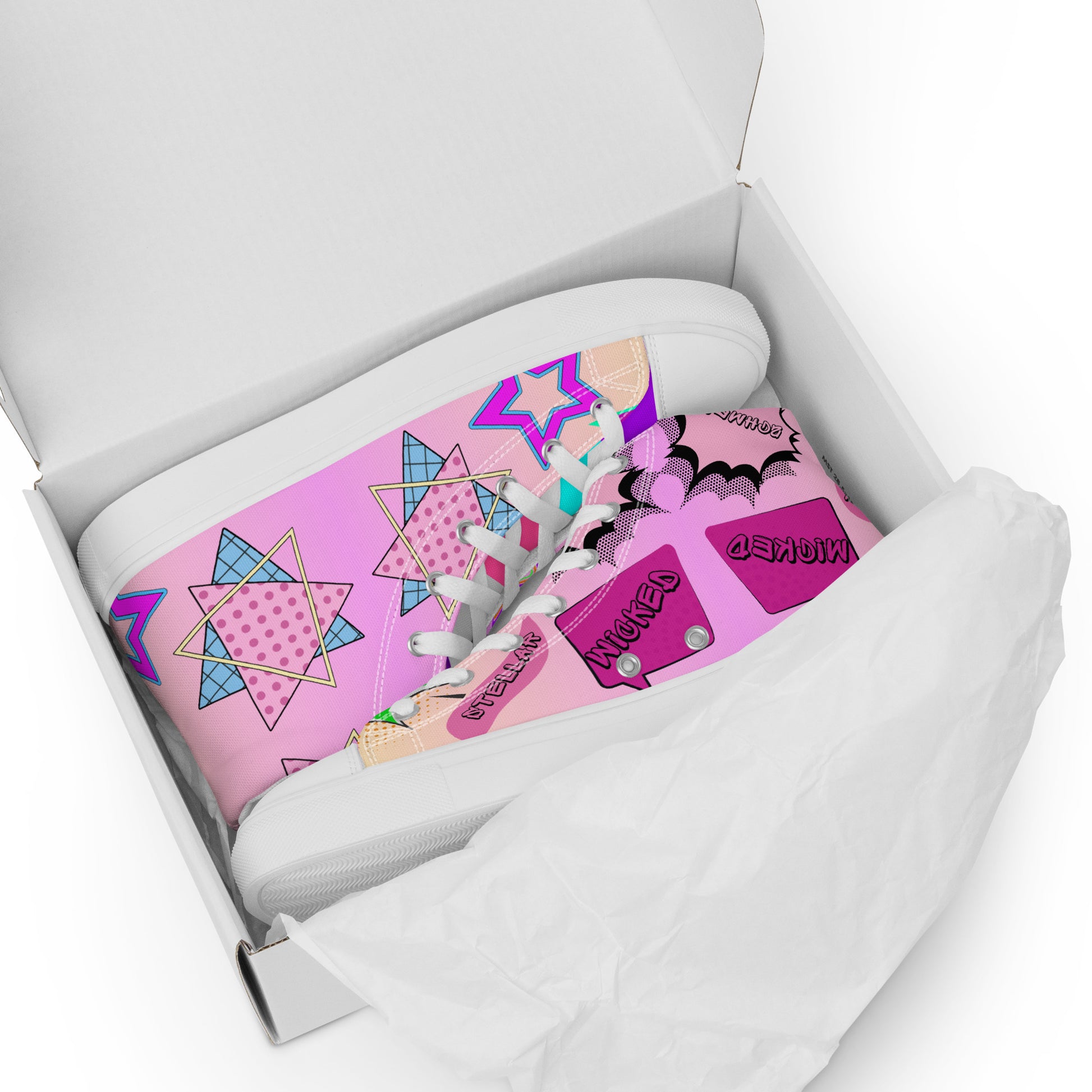 Women's 80s retro high top canvas sneakers with neon pop art design by Hipyfi Clothes & Design. Product
