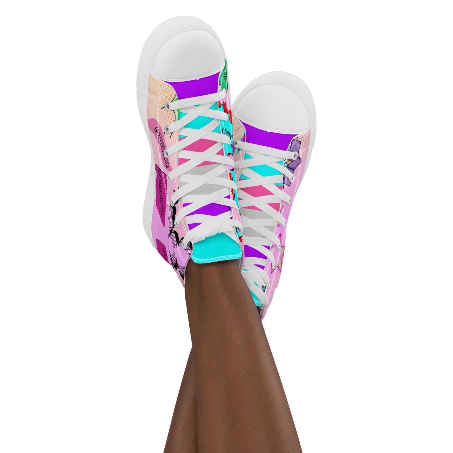 Women's 80s retro high top canvas sneakers with neon pop art design by Hipyfi Clothes & Design. white-front-2