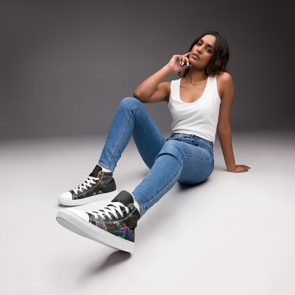 Chromatic Dreams Women’s abstract art high top sneakers – vibrant multicolor, faux leather toe cap, and streetwear style | Hipyfi. white-front