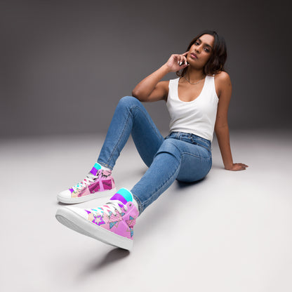 Women's 80s retro high top canvas sneakers with neon pop art design by Hipyfi Clothes & Design. white-front
