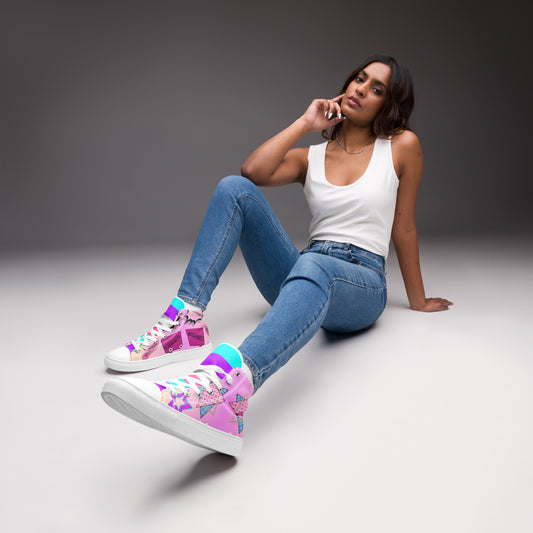 Women's 80s retro high top canvas sneakers with neon pop art design by Hipyfi Clothes & Design. white-front