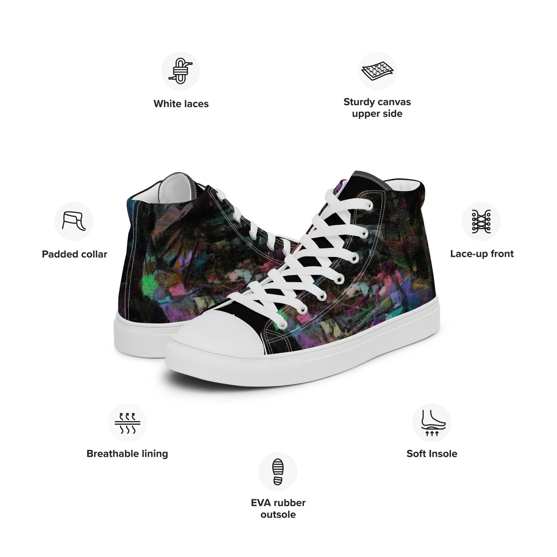 Chromatic Dreams Women’s abstract art high top sneakers – vibrant multicolor, faux leather toe cap, and streetwear style | Hipyfi. white-left-info