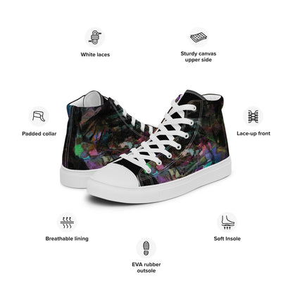 Chromatic Dreams Women’s abstract art high top sneakers – vibrant multicolor, faux leather toe cap, and streetwear style | Hipyfi. white-left-info