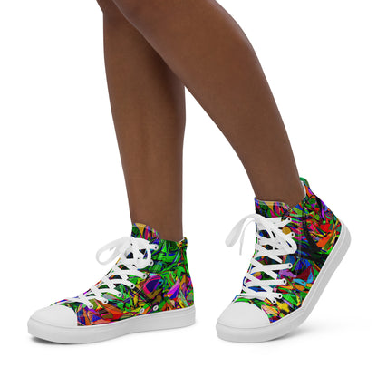 Neon Mythos women's high top canvas sneakers with abstract street art design in vibrant neon colors by Hipyfi Clothes & Design. white-left-3