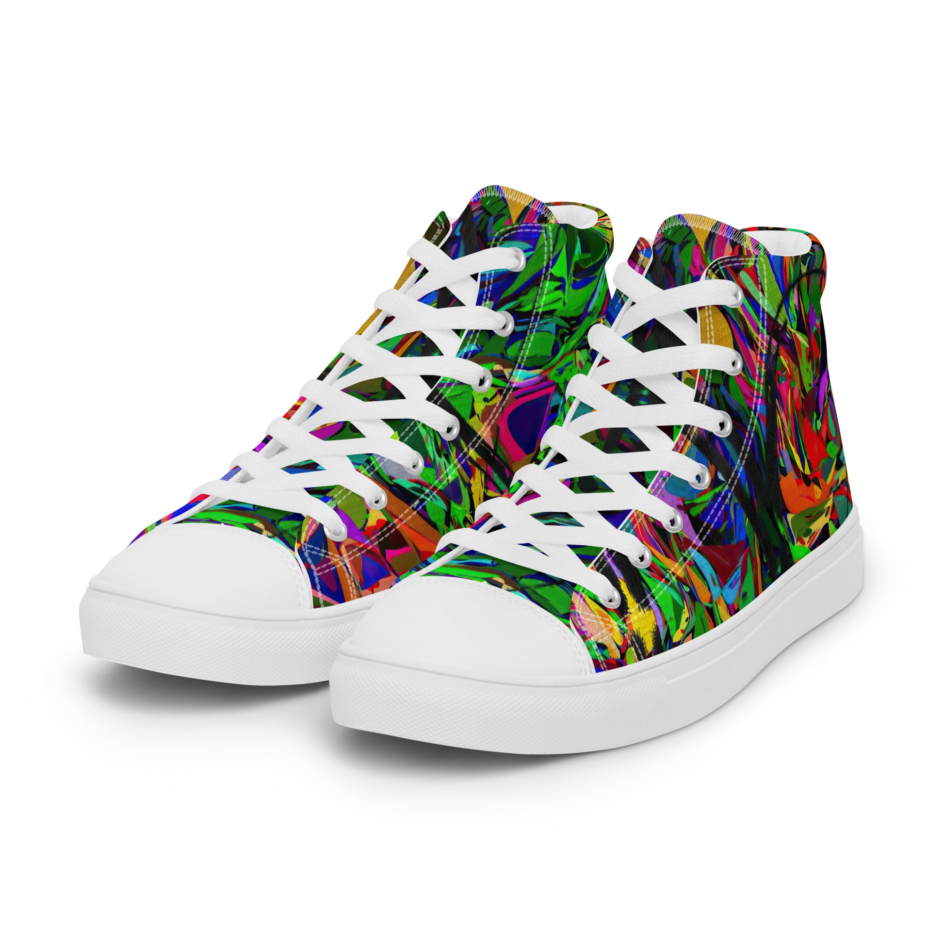 Neon Mythos women's high top canvas sneakers with abstract street art design in vibrant neon colors by Hipyfi Clothes & Design. white-left-front-3