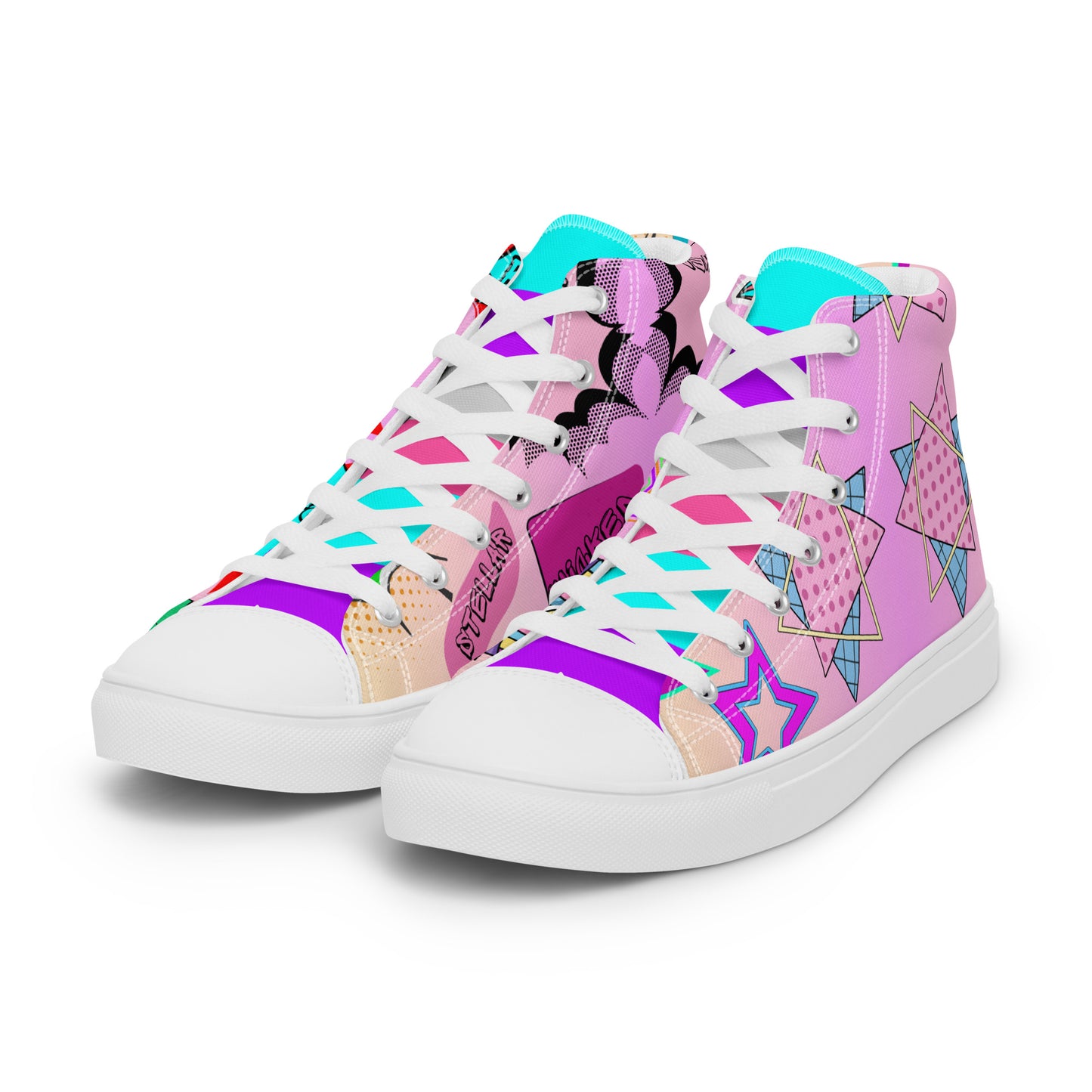Women's 80s retro high top canvas sneakers with neon pop art design by Hipyfi Clothes & Design. white-left-front-2
