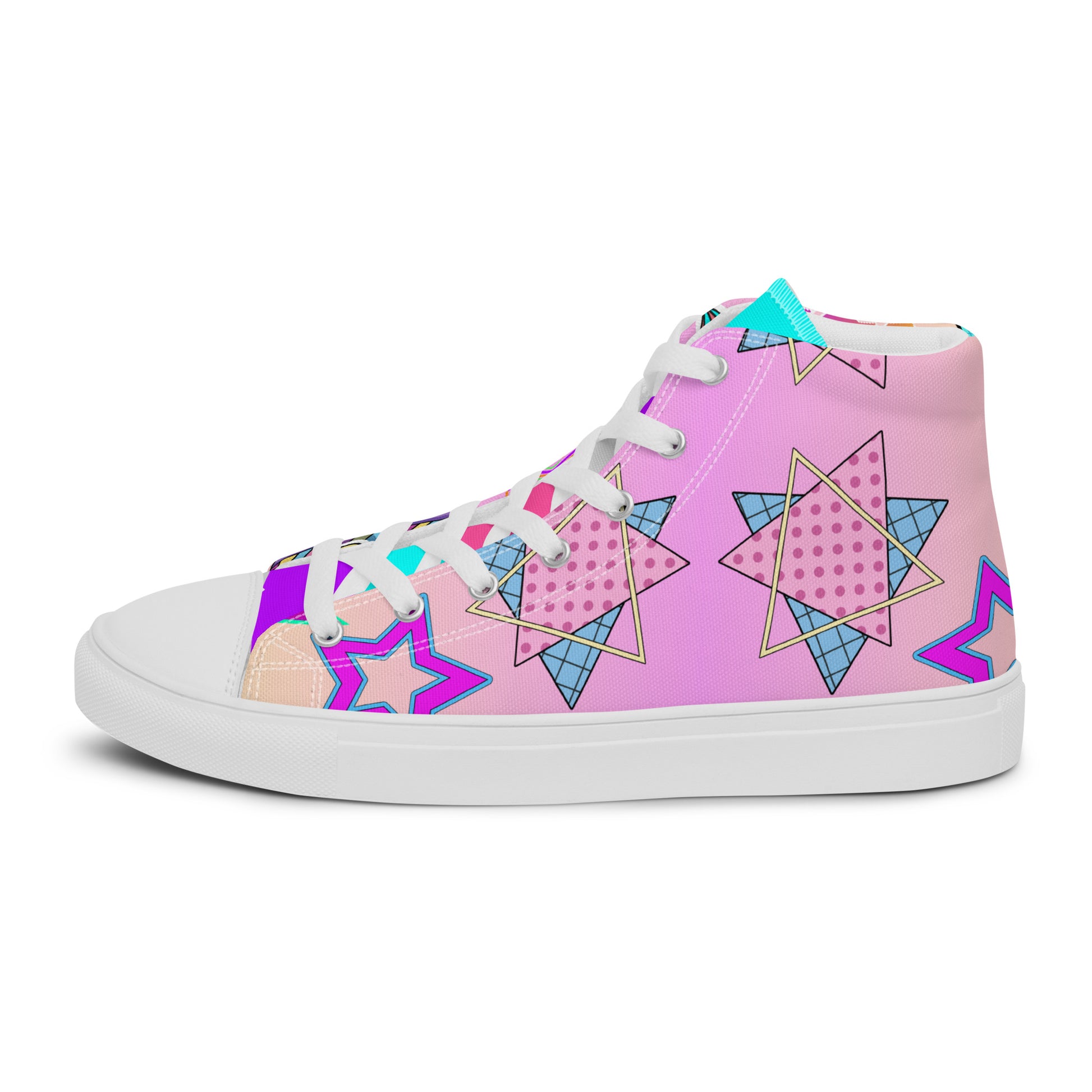 Women's 80s retro high top canvas sneakers with neon pop art design by Hipyfi Clothes & Design. white-left-outside