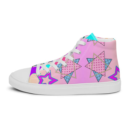Women's 80s retro high top canvas sneakers with neon pop art design by Hipyfi Clothes & Design. white-left-outside