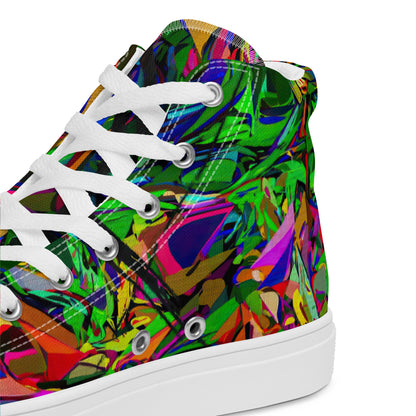 Neon Mythos women's high top canvas sneakers with abstract street art design in vibrant neon colors by Hipyfi Clothes & Design. white-product-details-2