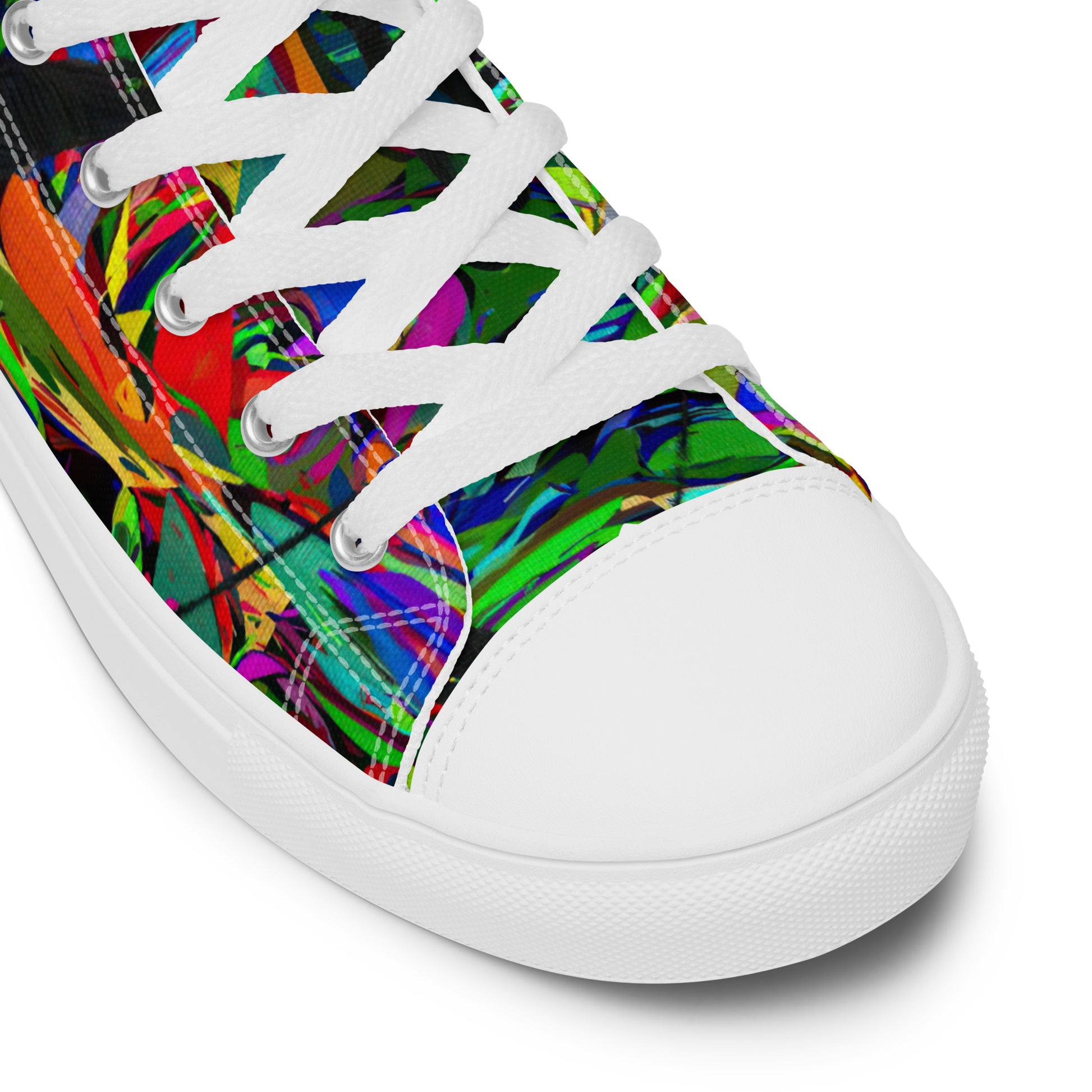 Neon Mythos women's high top canvas sneakers with abstract street art design in vibrant neon colors by Hipyfi Clothes & Design. white-product-details