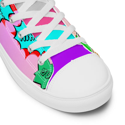 Women's 80s retro high top canvas sneakers with neon pop art design by Hipyfi Clothes & Design. white-product-details-2