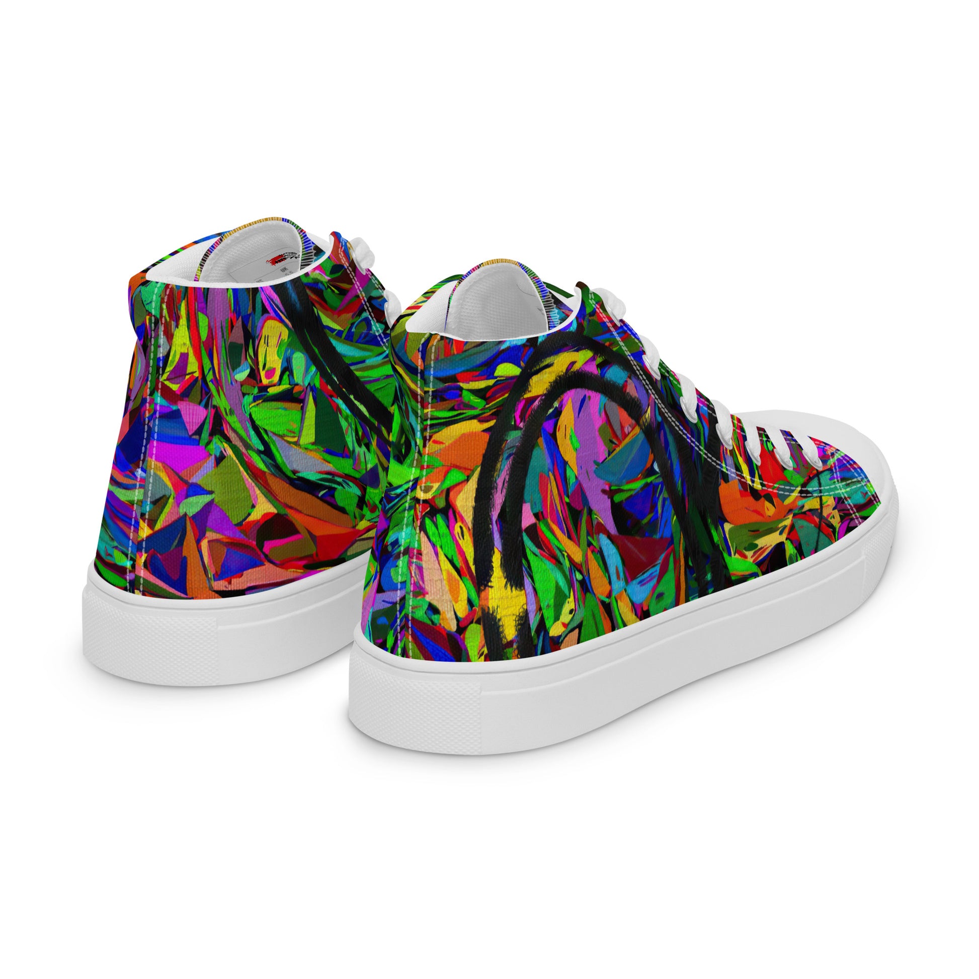 Neon Mythos women's high top canvas sneakers with abstract street art design in vibrant neon colors by Hipyfi Clothes & Design. white-right-back