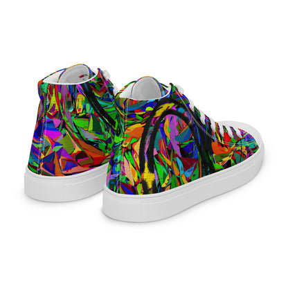 Neon Mythos women's high top canvas sneakers with abstract street art design in vibrant neon colors by Hipyfi Clothes & Design. white-right-back