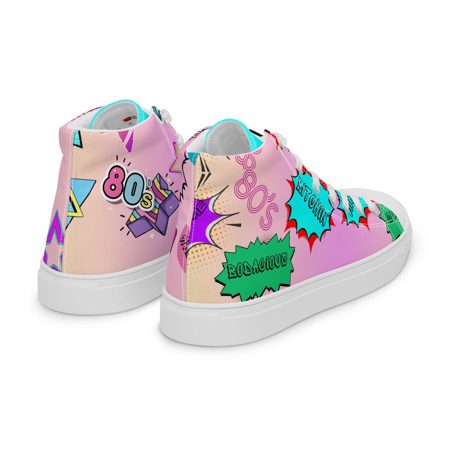 Women's 80s retro high top canvas sneakers with neon pop art design by Hipyfi Clothes & Design. white-right-back-4