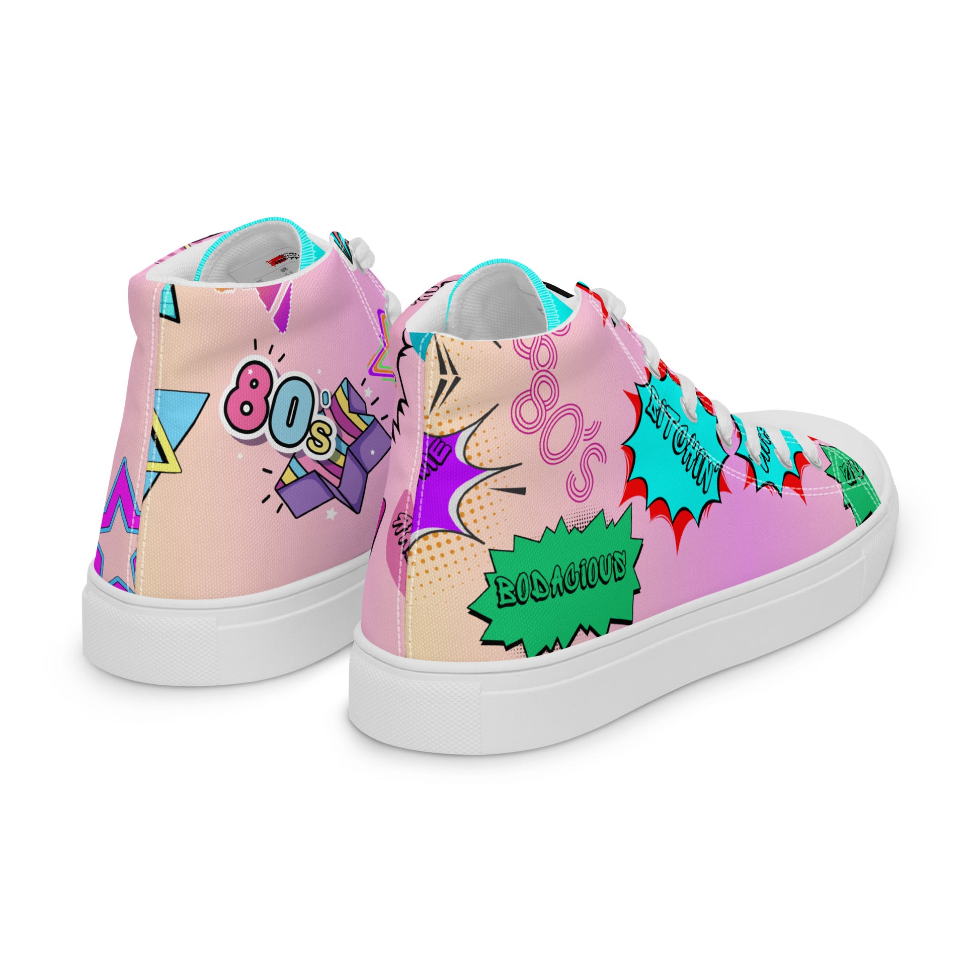 Women's 80s retro high top canvas sneakers with neon pop art design by Hipyfi Clothes & Design. white-right-back-4