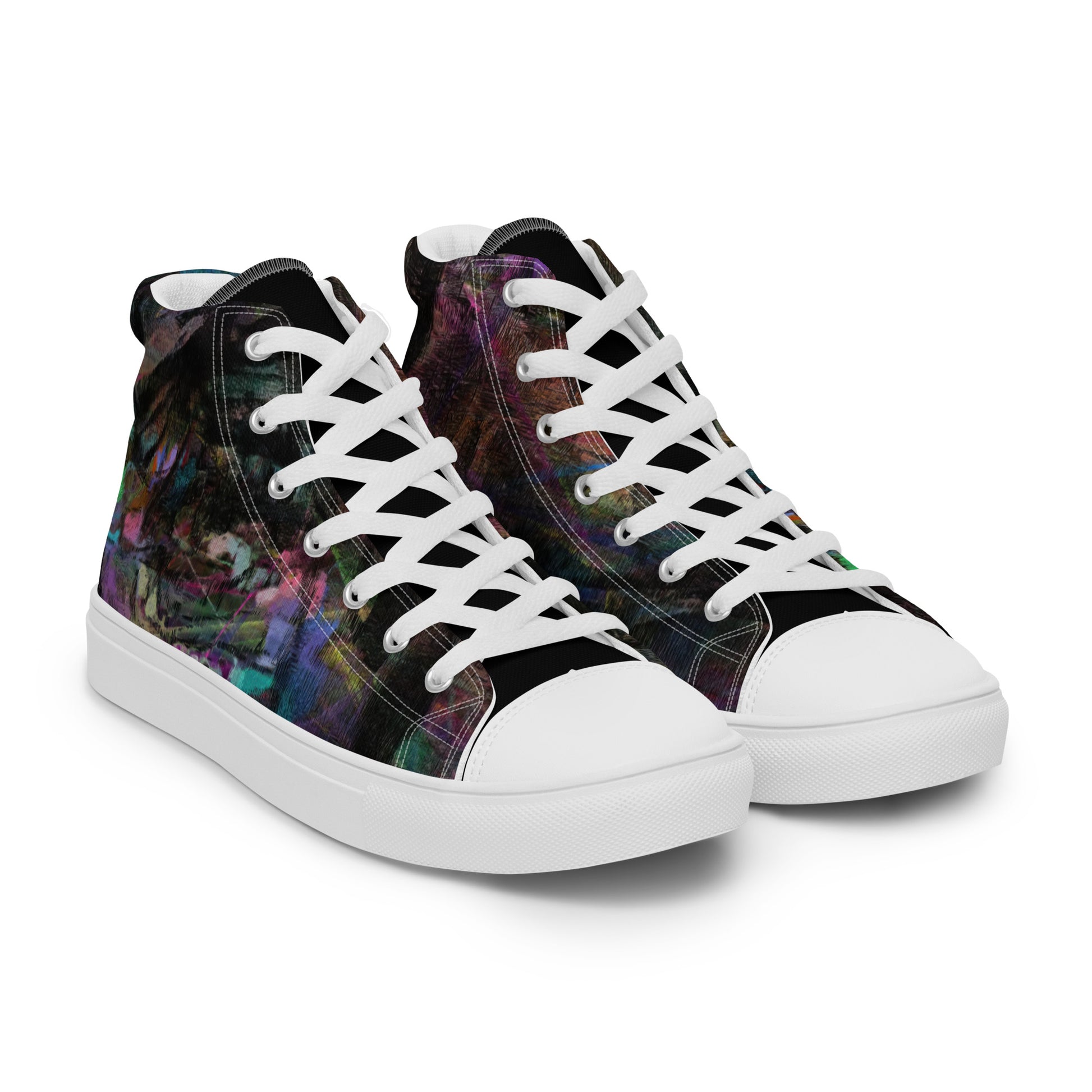 Chromatic Dreams Women’s abstract art high top sneakers – vibrant multicolor, faux leather toe cap, and streetwear style | Hipyfi. white-right-front