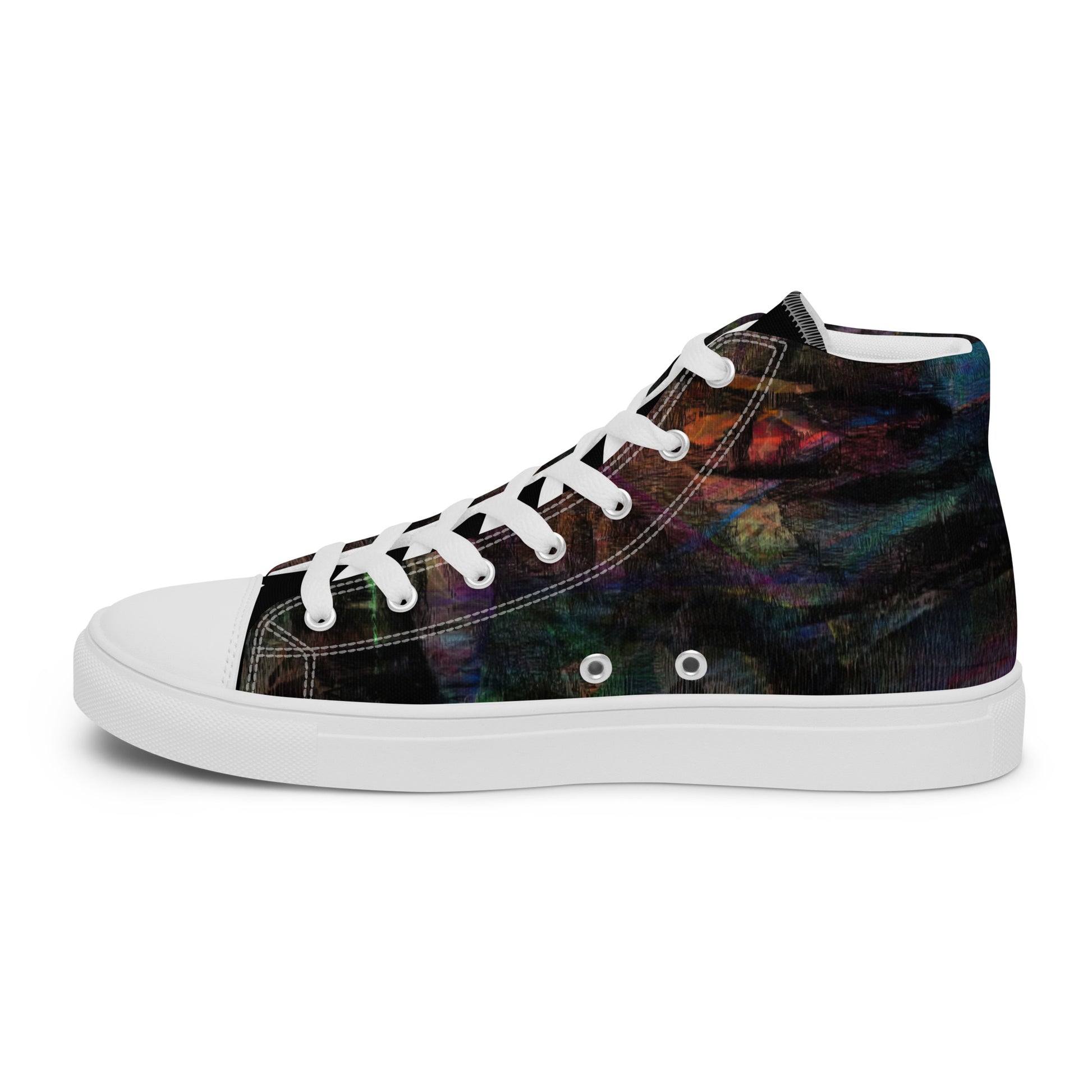 Chromatic Dreams Women’s abstract art high top sneakers – vibrant multicolor, faux leather toe cap, and streetwear style | Hipyfi. white-right-inside