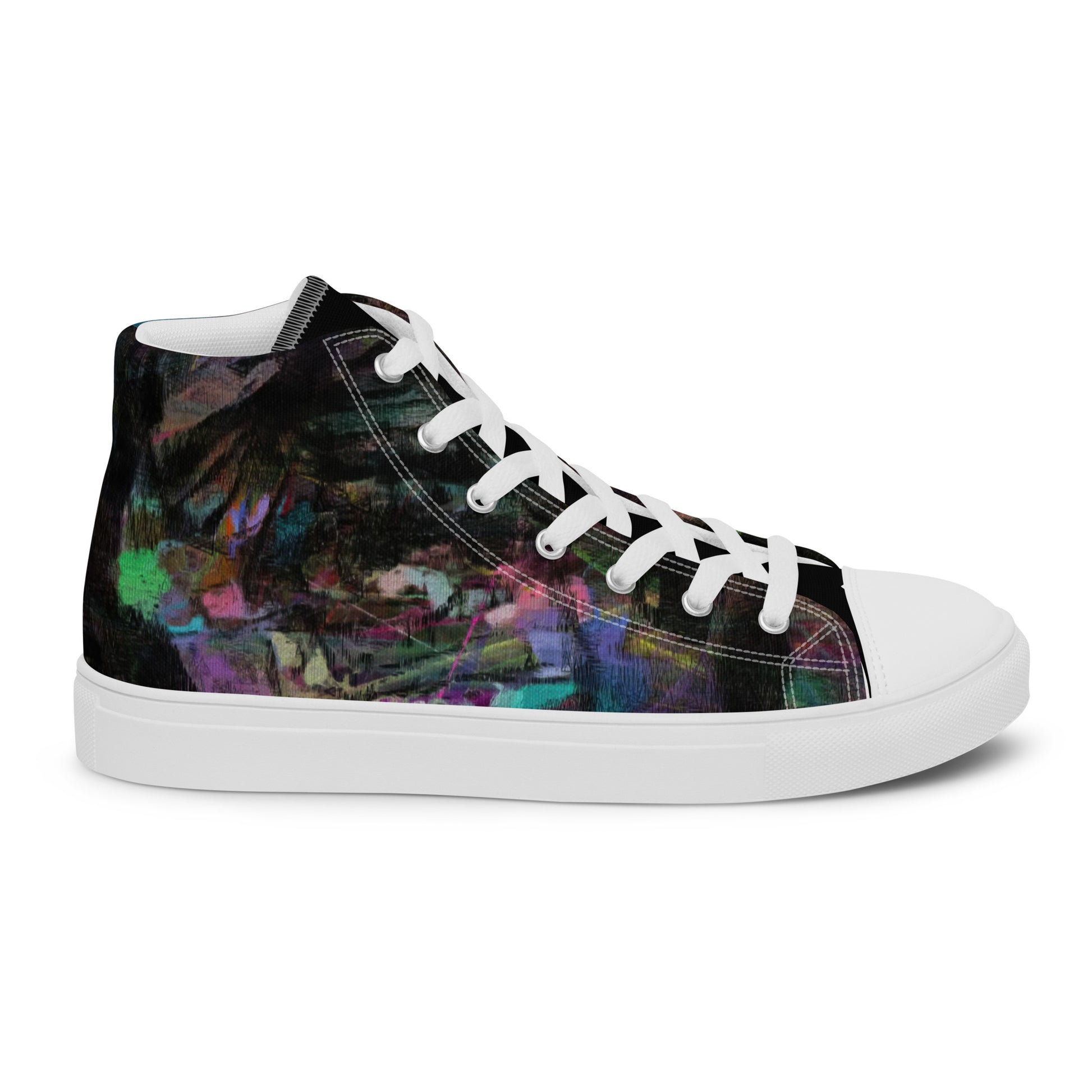 Chromatic Dreams Women’s abstract art high top sneakers – vibrant multicolor, faux leather toe cap, and streetwear style | Hipyfi. white-right-outside