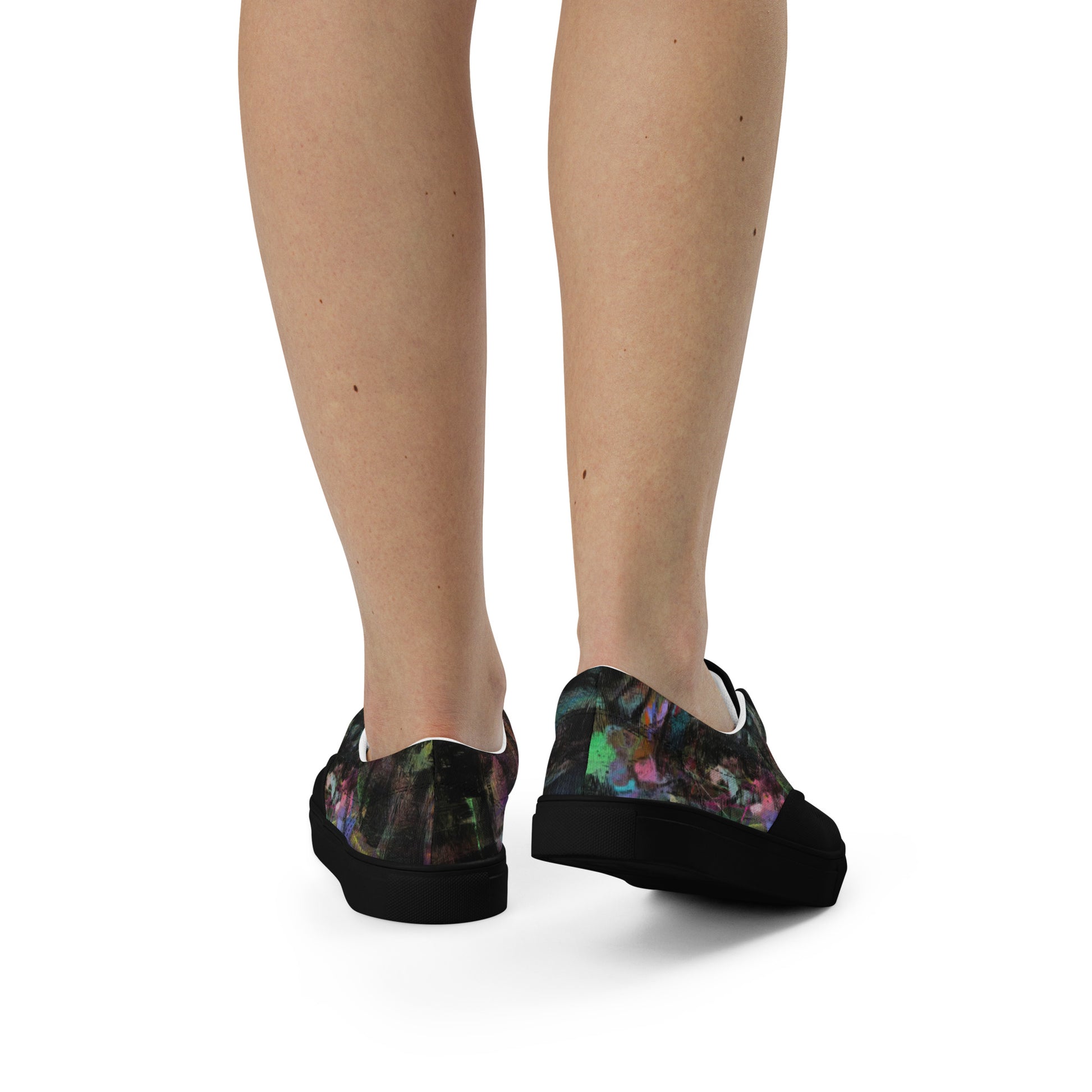 Chromatic Dreams Women’s lace-up canvas Sneakers with bold abstract design. Artistic, friendly sneakers by Hipyfi Clothes & Design, crafted for style and comfort. black-back