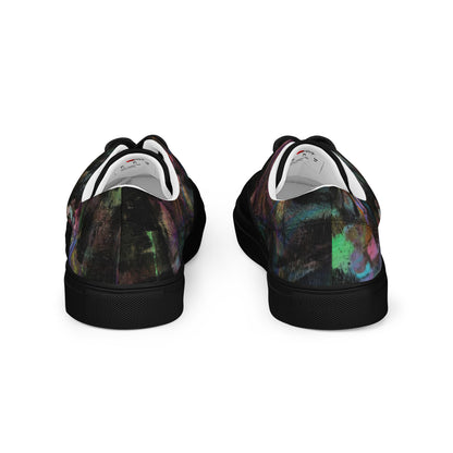 Chromatic Dreams Women’s lace-up canvas Sneakers with bold abstract design. Artistic, friendly sneakers by Hipyfi Clothes & Design, crafted for style and comfort. black-back-3