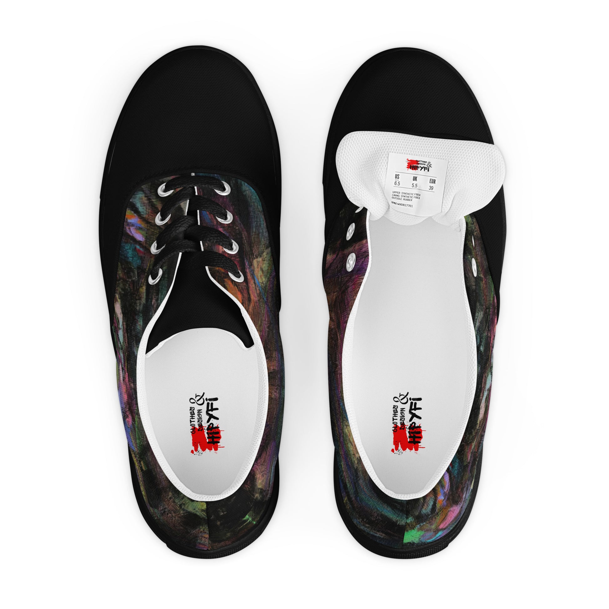 Chromatic Dreams Women’s lace-up canvas Sneakers with bold abstract design. Artistic, friendly sneakers by Hipyfi Clothes & Design, crafted for style and comfort. black-front-2