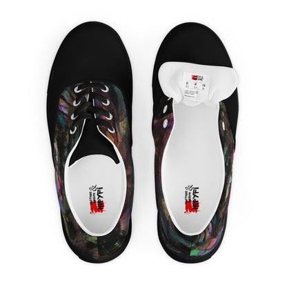 Chromatic Dreams Women’s lace-up canvas Sneakers with bold abstract design. Artistic, friendly sneakers by Hipyfi Clothes & Design, crafted for style and comfort. black-front-2