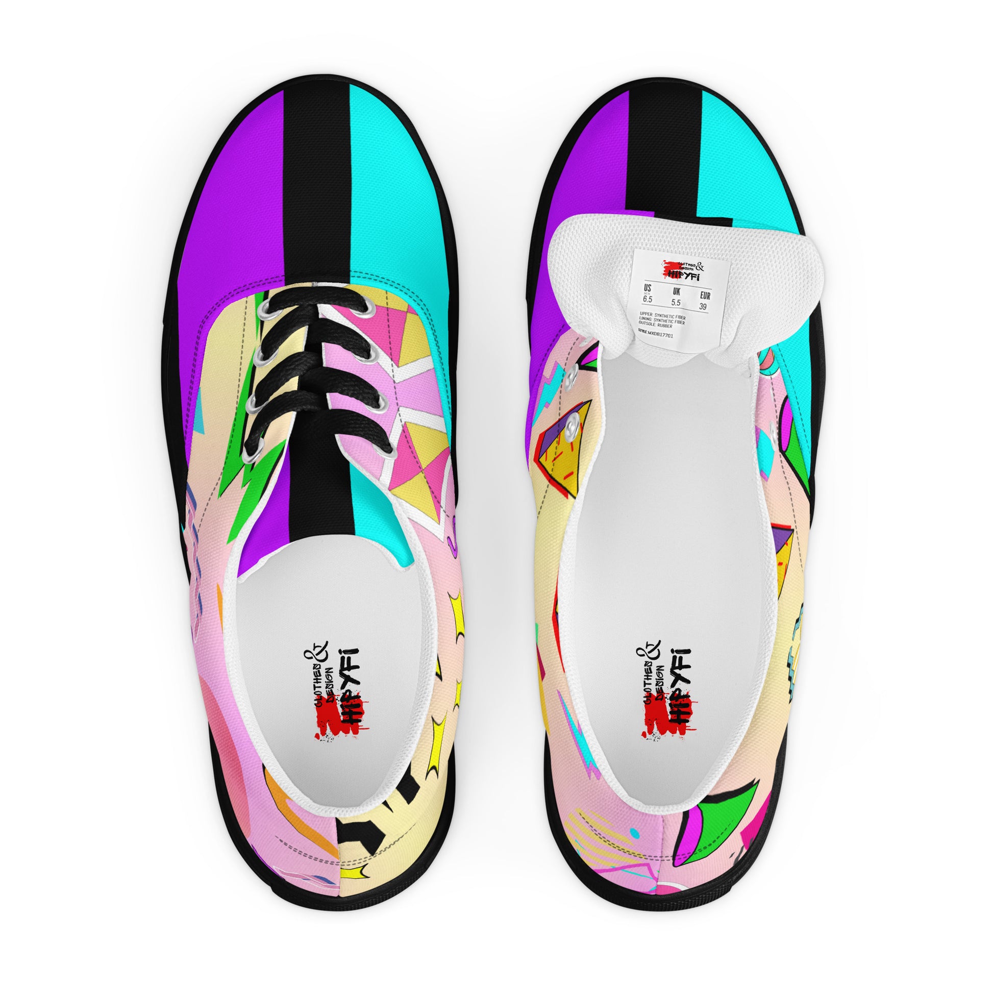 Hipyfi Women's Retro Memphis Lace-Up Canvas Sneakers with vibrant geometric patterns and pastel gradient design. black-front-5