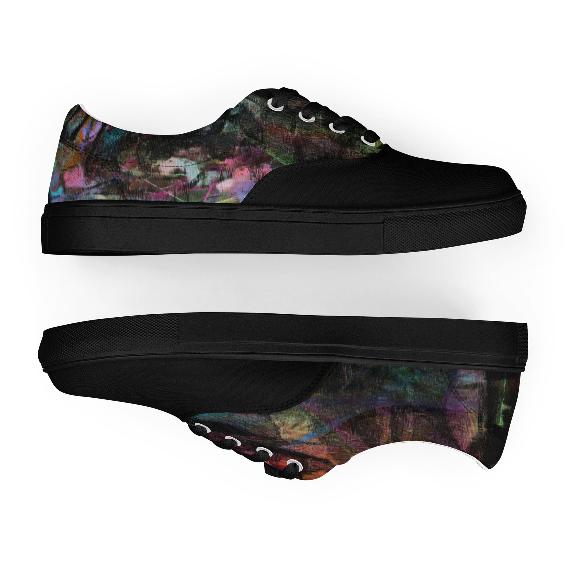 Chromatic Dreams Women’s lace-up canvas Sneakers with bold abstract design. Artistic, friendly sneakers by Hipyfi Clothes & Design, crafted for style and comfort. black-front-4