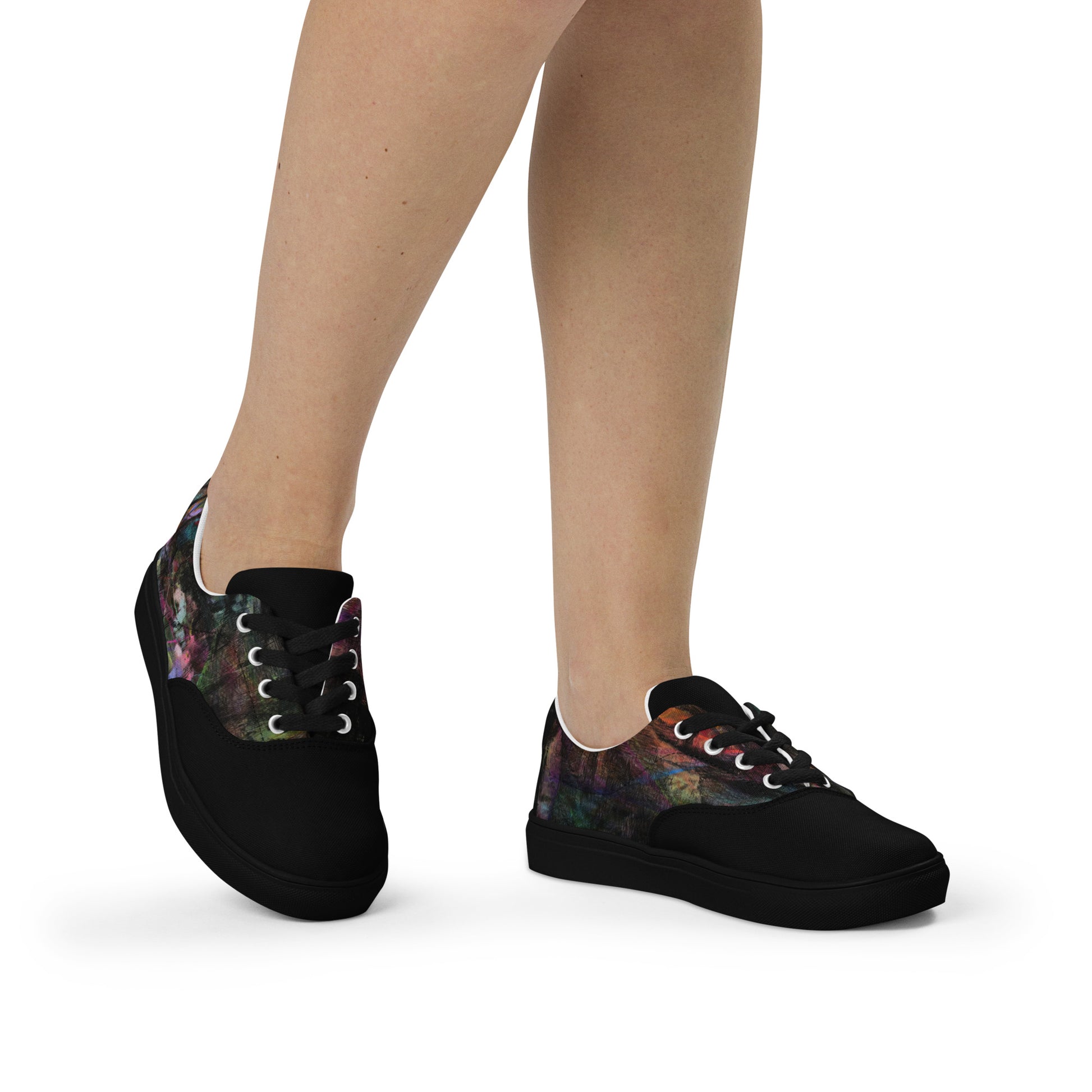 Chromatic Dreams Women’s lace-up canvas Sneakers with bold abstract design. Artistic, friendly sneakers by Hipyfi Clothes & Design, crafted for style and comfort. black-front-2