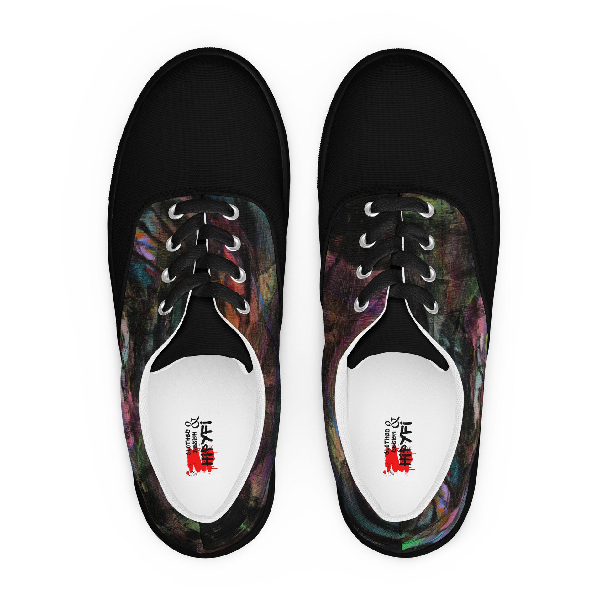 Chromatic Dreams Women’s lace-up canvas Sneakers with bold abstract design. Artistic, friendly sneakers by Hipyfi Clothes & Design, crafted for style and comfort. black-front-6