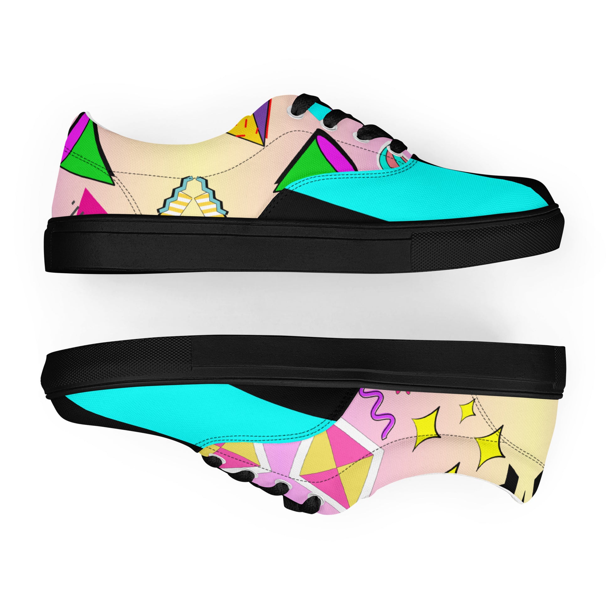 Hipyfi Women's Retro Memphis Lace-Up Canvas Sneakers with vibrant geometric patterns and pastel gradient design. black-front-7