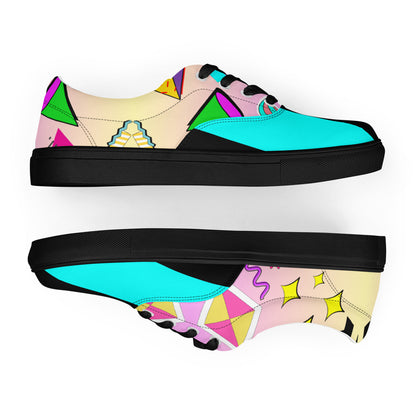 Hipyfi Women's Retro Memphis Lace-Up Canvas Sneakers with vibrant geometric patterns and pastel gradient design. black-front-7