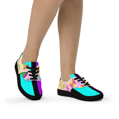 Hipyfi Women's Retro Memphis Lace-Up Canvas Sneakers with vibrant geometric patterns and pastel gradient design. black-front-3