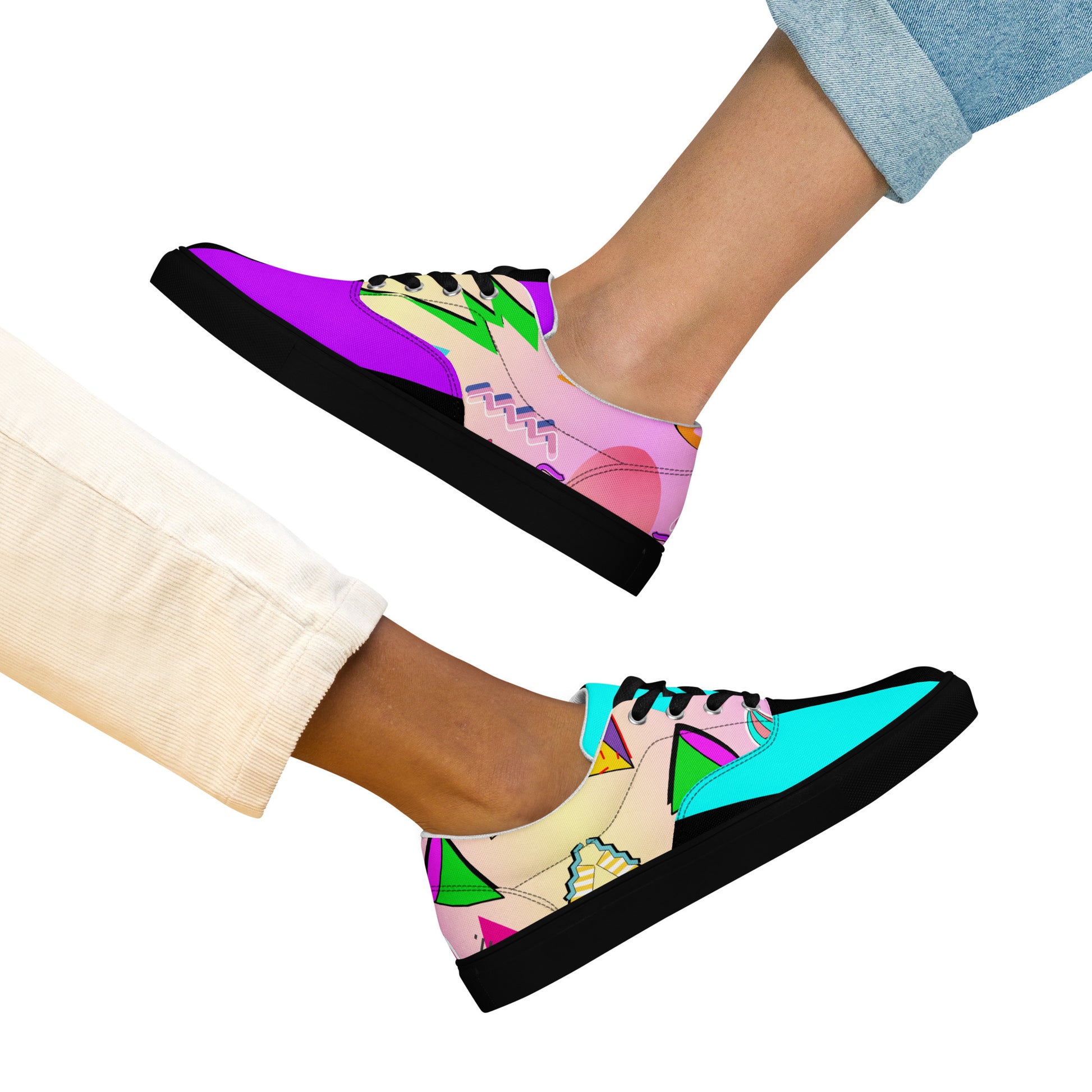 Hipyfi Women's Retro Memphis Lace-Up Canvas Sneakers with vibrant geometric patterns and pastel gradient design. black-front-4