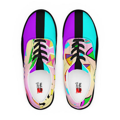Hipyfi Women's Retro Memphis Lace-Up Canvas Sneakers with vibrant geometric patterns and pastel gradient design. black-front-6