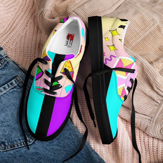 Hipyfi Women's Retro Memphis Lace-Up Canvas Sneakers with vibrant geometric patterns and pastel gradient design. black-front