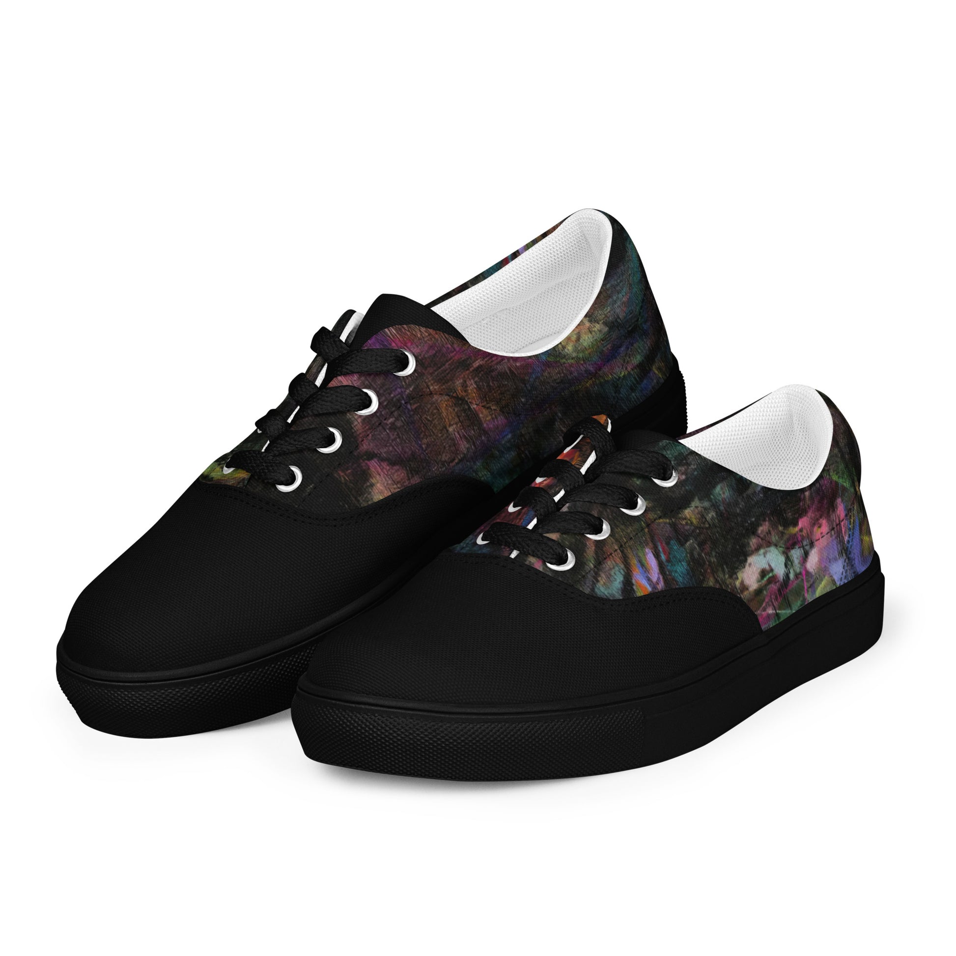 Chromatic Dreams Women’s lace-up canvas Sneakers with bold abstract design. Artistic, friendly sneakers by Hipyfi Clothes & Design, crafted for style and comfort. black-left-front-2