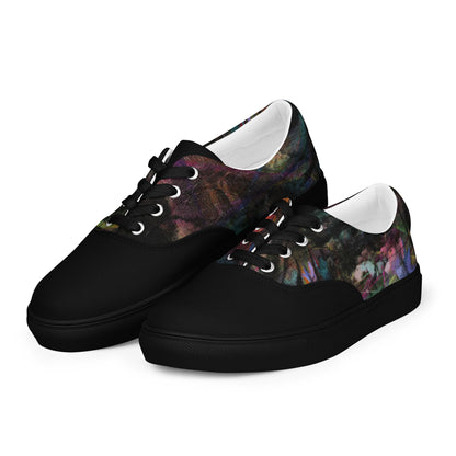 Chromatic Dreams Women’s lace-up canvas Sneakers with bold abstract design. Artistic, friendly sneakers by Hipyfi Clothes & Design, crafted for style and comfort. black-left-front-2