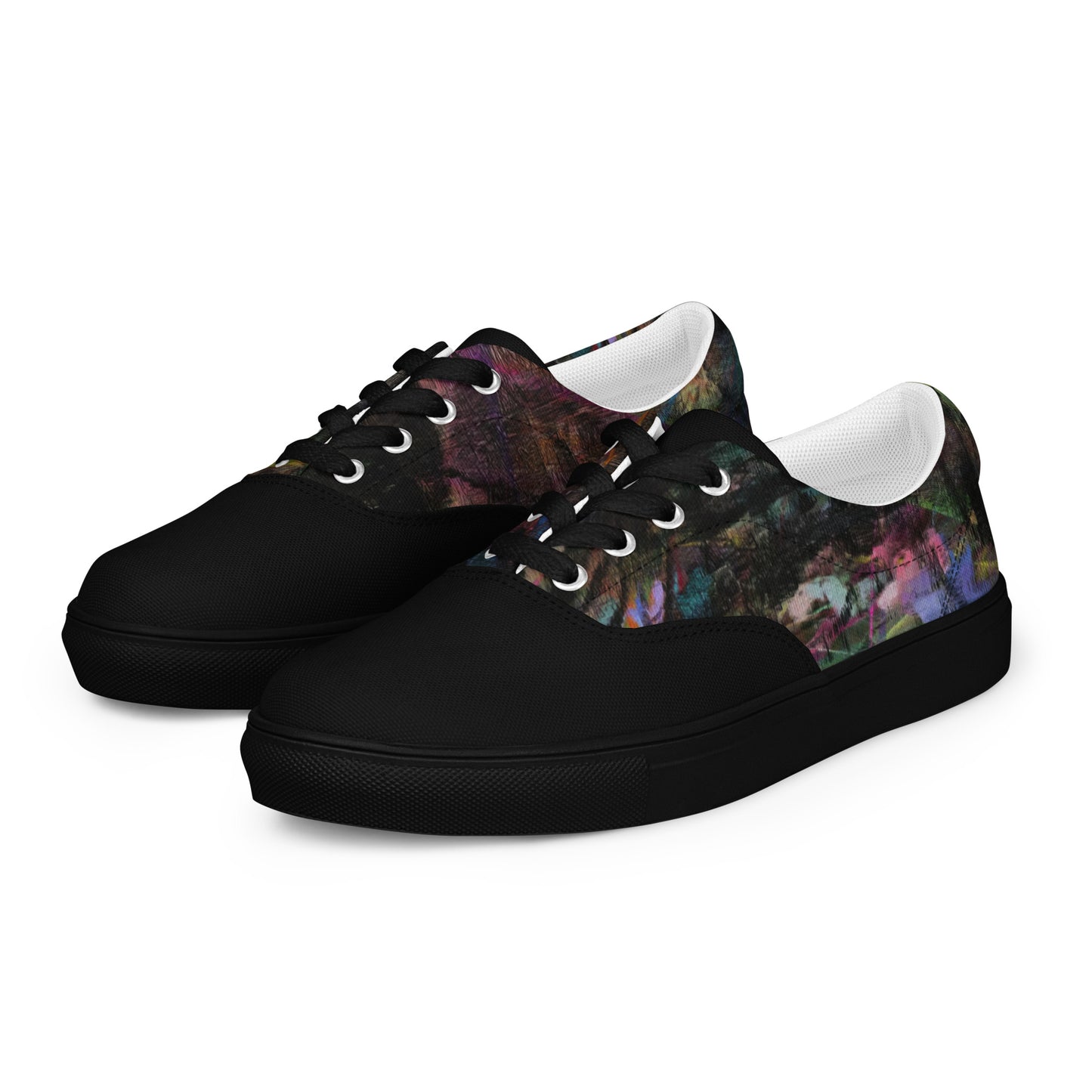 Chromatic Dreams Women’s lace-up canvas Sneakers with bold abstract design. Artistic, friendly sneakers by Hipyfi Clothes & Design, crafted for style and comfort. black-left-front-1