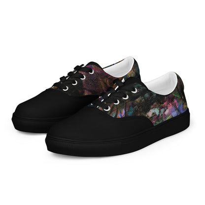 Chromatic Dreams Women’s lace-up canvas Sneakers with bold abstract design. Artistic, friendly sneakers by Hipyfi Clothes & Design, crafted for style and comfort. black-left-front-1
