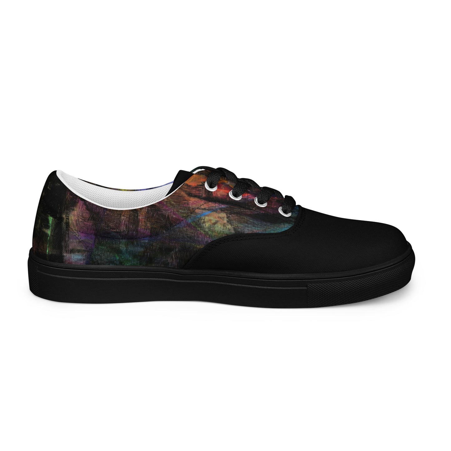 Chromatic Dreams Women’s lace-up canvas Sneakers with bold abstract design. Artistic, friendly sneakers by Hipyfi Clothes & Design, crafted for style and comfort. black-left-inside