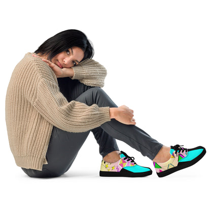 Hipyfi Women's Retro Memphis Lace-Up Canvas Sneakers with vibrant geometric patterns and pastel gradient design. black-right