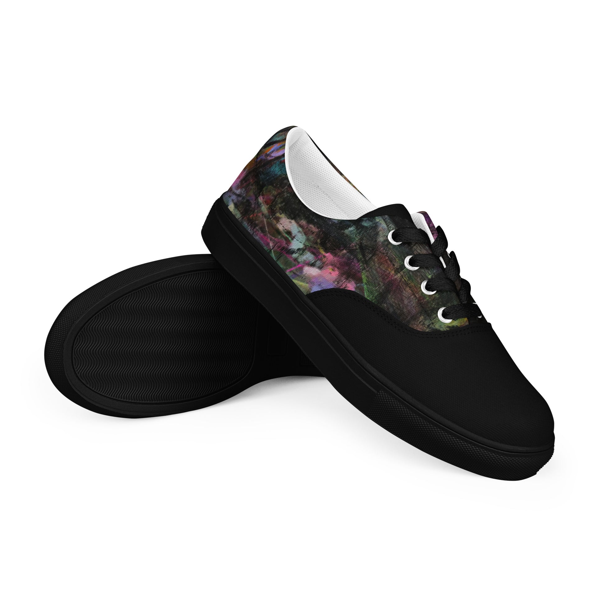 Chromatic Dreams Women’s lace-up canvas Sneakers with bold abstract design. Artistic, friendly sneakers by Hipyfi Clothes & Design, crafted for style and comfort. black-right-front-3