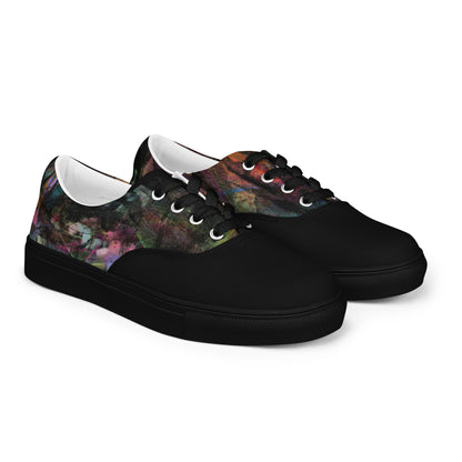 Chromatic Dreams Women’s lace-up canvas Sneakers with bold abstract design. Artistic, friendly sneakers by Hipyfi Clothes & Design, crafted for style and comfort. black-right-front-2