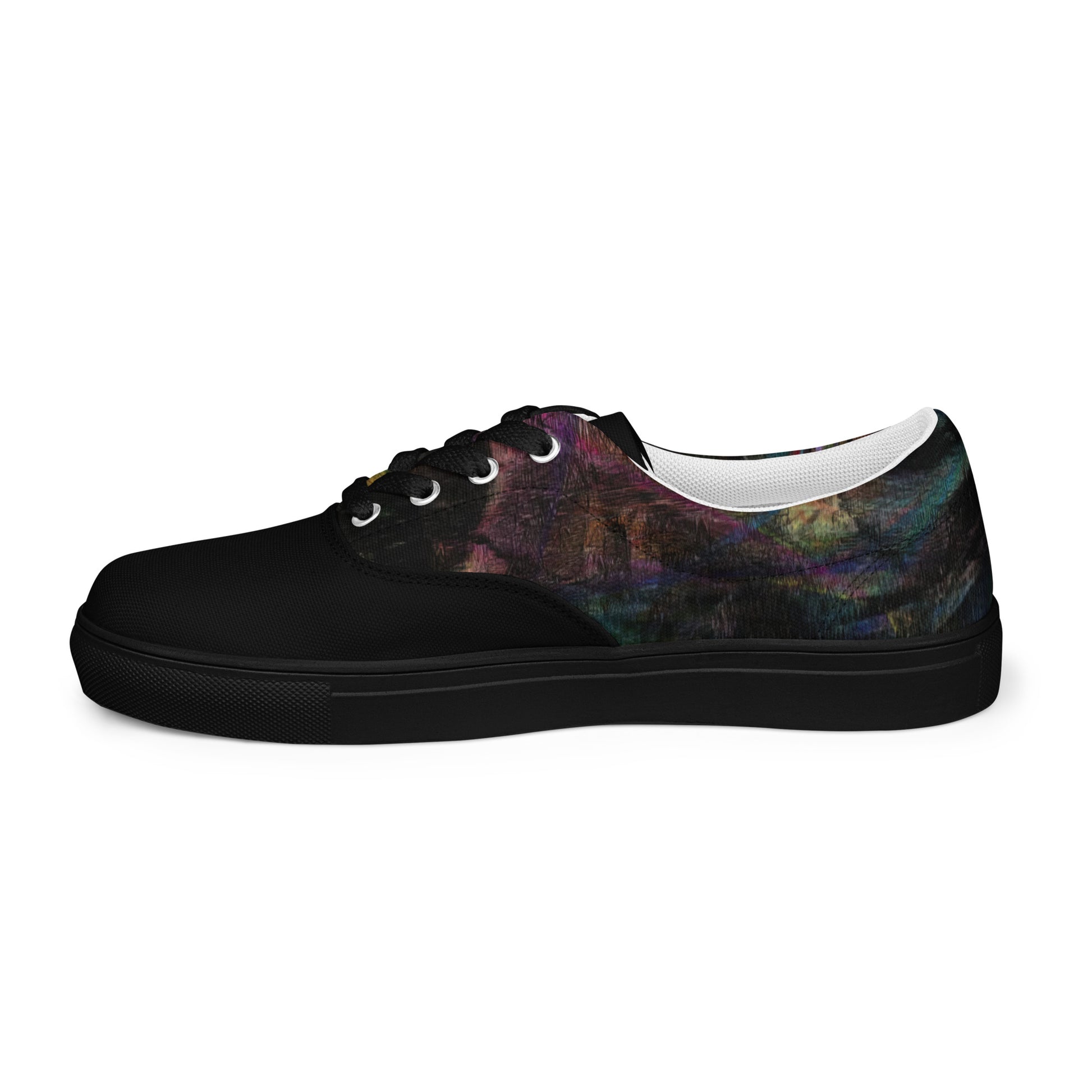 Chromatic Dreams Women’s lace-up canvas Sneakers with bold abstract design. Artistic, friendly sneakers by Hipyfi Clothes & Design, crafted for style and comfort. black-right-inside