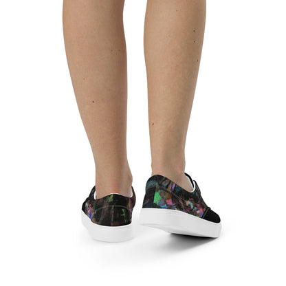 Chromatic Dreams Women’s lace-up canvas Sneakers with bold abstract design. Artistic, friendly sneakers by Hipyfi Clothes & Design, crafted for style and comfort. white-back