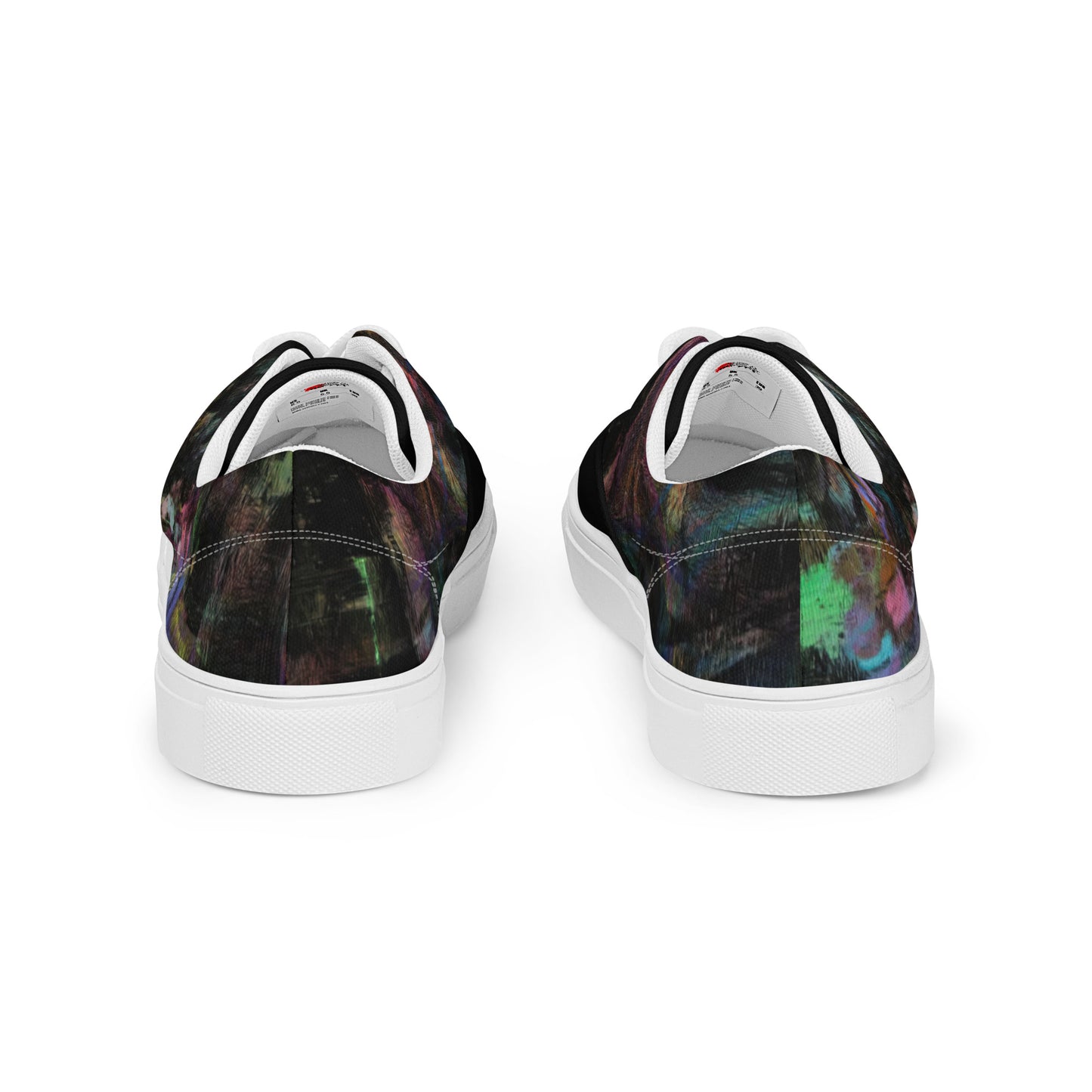 Chromatic Dreams Women’s lace-up canvas Sneakers with bold abstract design. Artistic, friendly sneakers by Hipyfi Clothes & Design, crafted for style and comfort. white-back-3